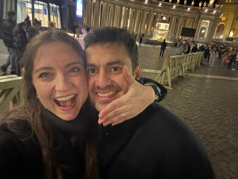 Eli showing her engagement ring next to Rafa in St. Peter's Square